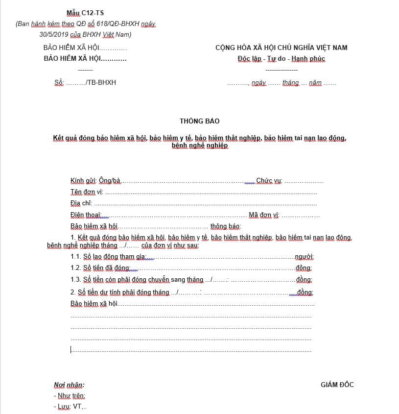 mẫu thông báo kết quả đóng BHXH mới nhất mẫu C12 - TS mới nhất
