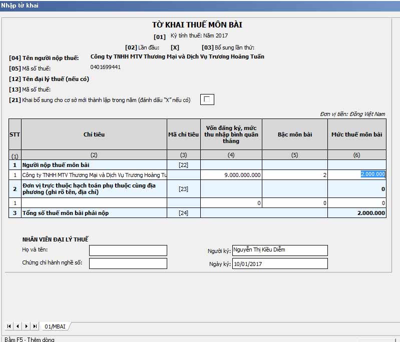 tờ khai thuế môn bài