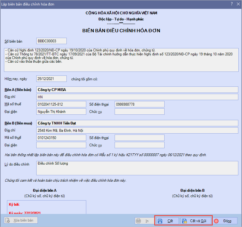 điều chỉnh hóa đơn điện tử