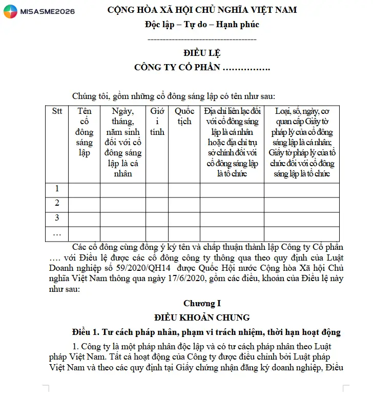 mẫu điều lệ công ty cổ phần