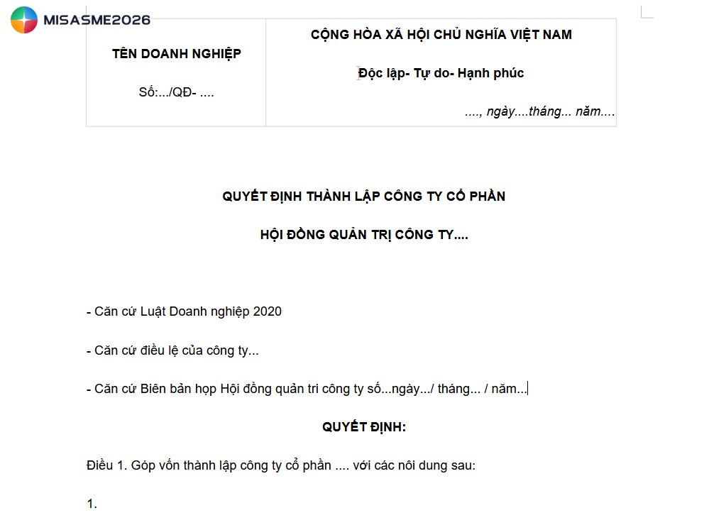 quyết định thành lập công ty cổ phần