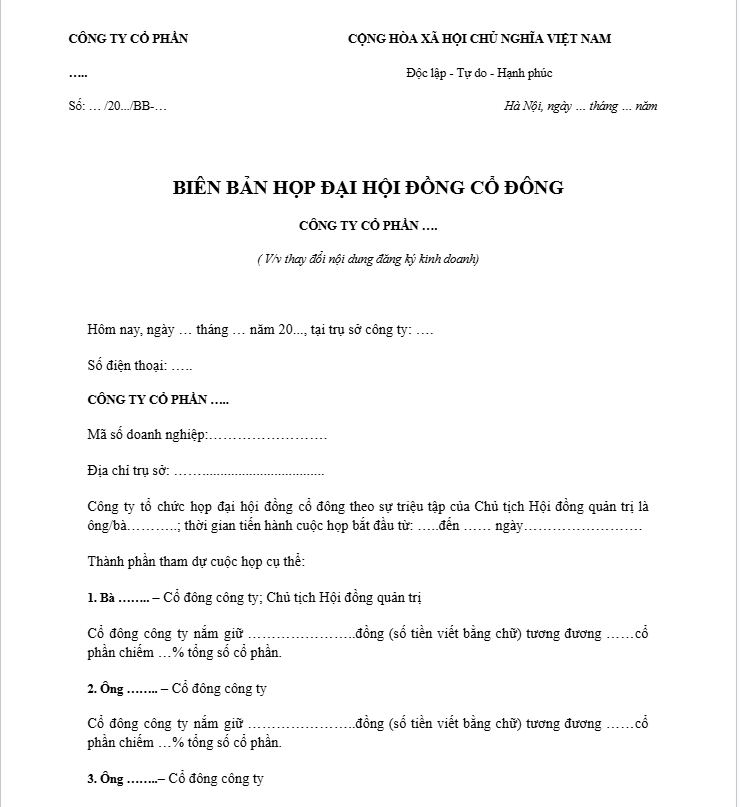 Biên bản họp đại hội đồng cổ đông trong công ty cổ phần