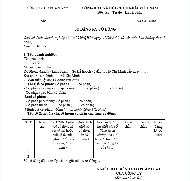 mẫu sổ cổ đông công ty cổ phần